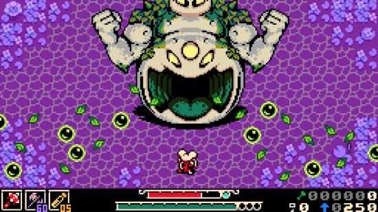 A pixelated scene shows Mina the mouse attacking a large golem enemy in a dungeon