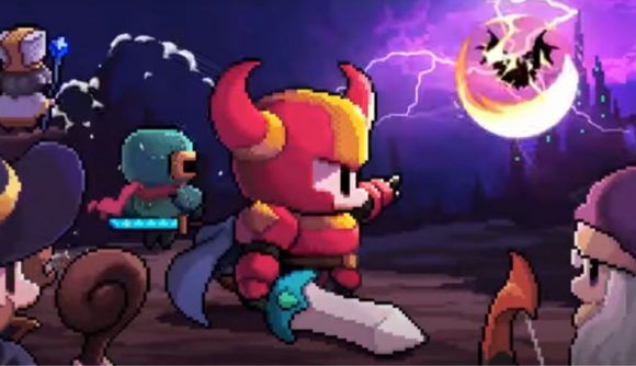 A pixelated knight pointing at a castle surrounded by fellow heroes