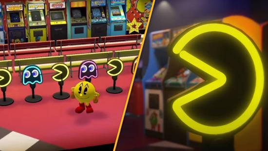 A virtual Pac-Man arcade cabinet is shown next to a neon Pac-Man lamp