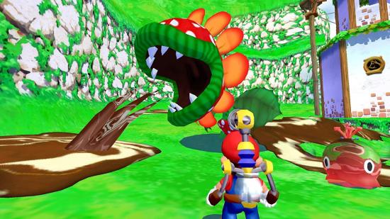 Petey Piranha vomits in Super Mario Sunshine, as played in Super Mario 3D All-Stars.