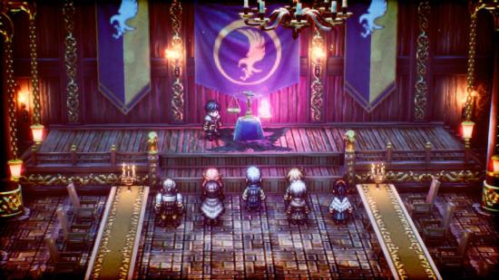 A pixelated scene shows characters gathered around scales, weighing up the votes to make a decision