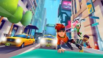 A promotional image showing the main character hopping over a car in a busy road