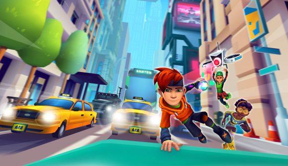 A promotional image showing the main character hopping over a car in a busy road