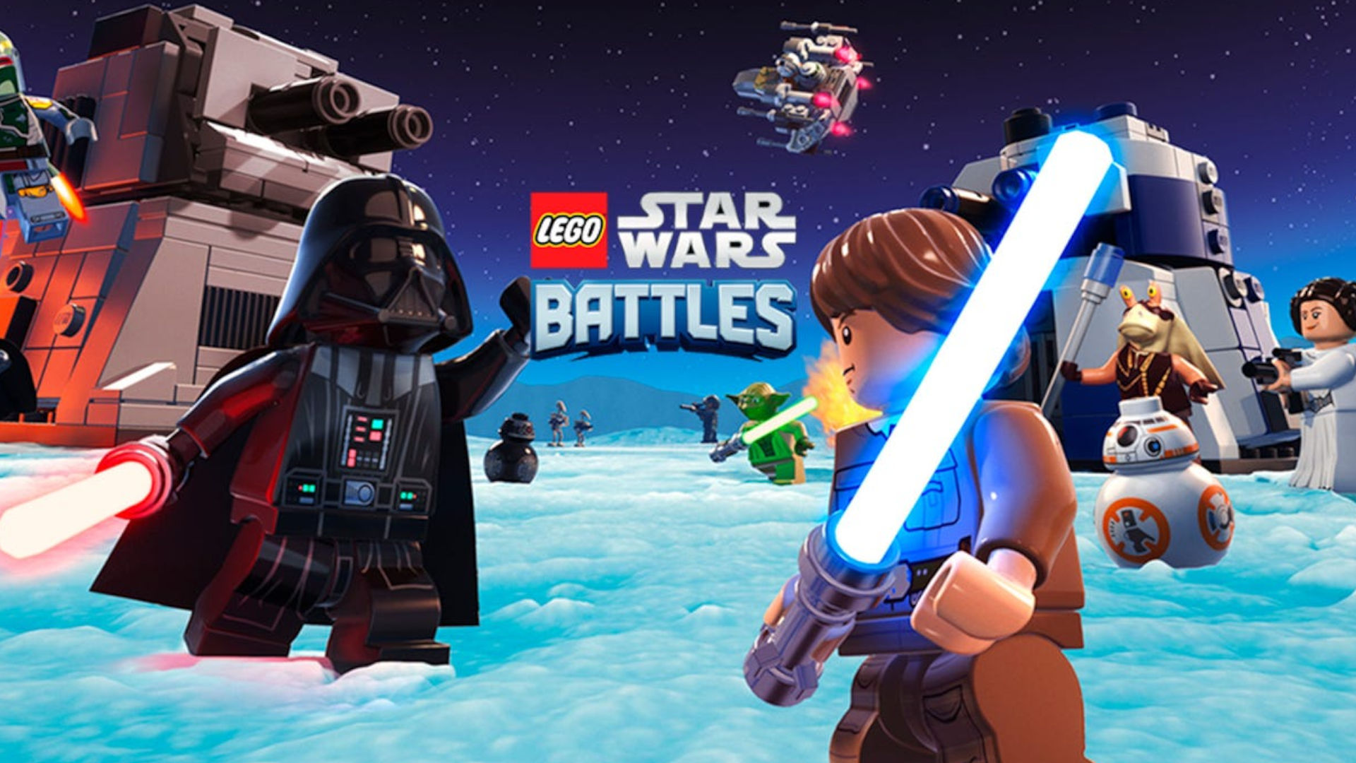 Best space games: LEGO Star Wars Battles. Image shows Darth Vader and Luke Skywalker about to fight in the snow.