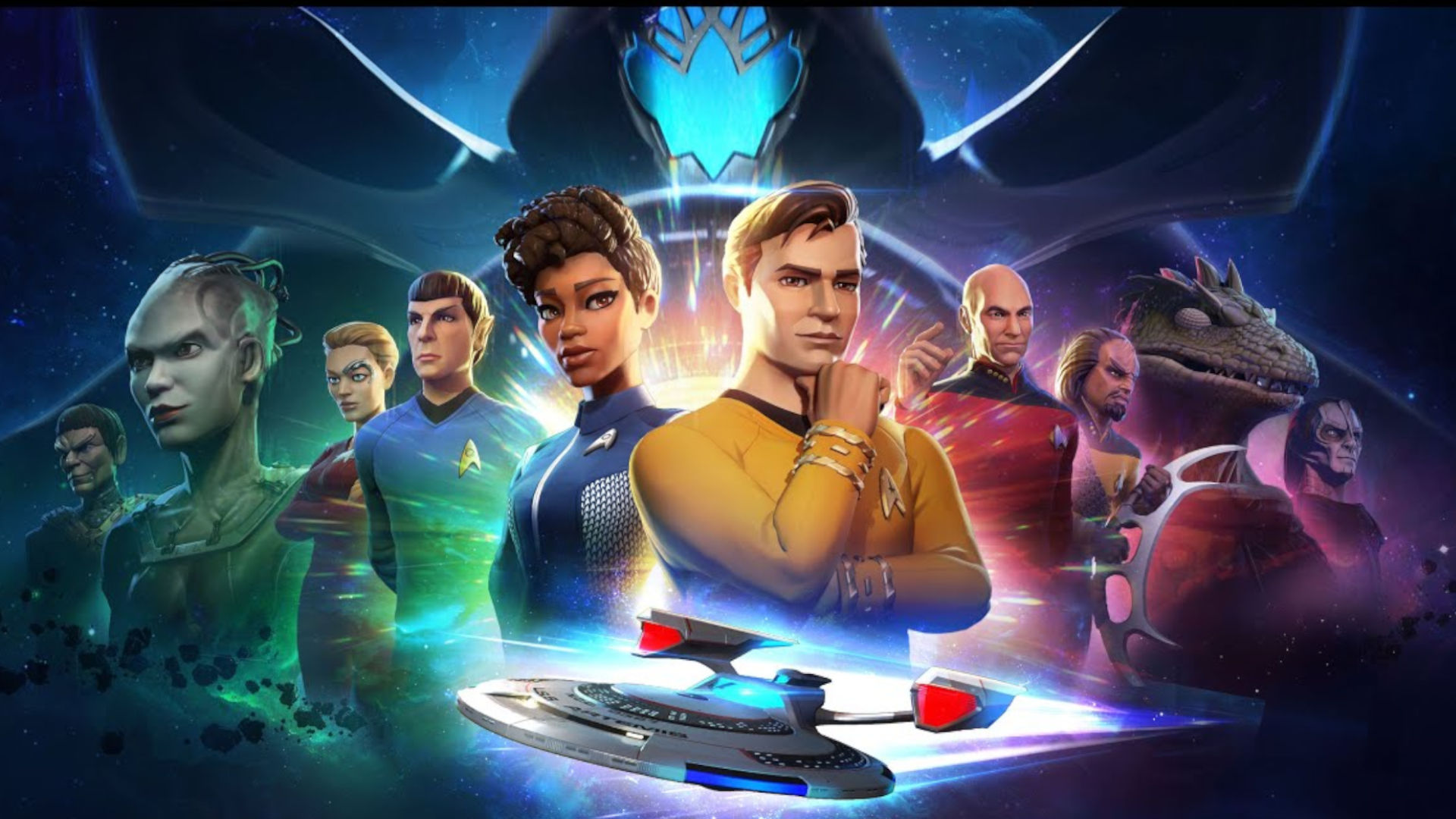 Best space games: Star Trek Legends. Image shows a selection of characters from the Star Trek universe, including Kirk, Spock, Picard, a Gorn, Word, and others. There is also an image of a federation ship flying towards the camera.