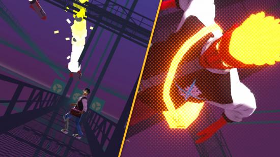 On the left, a man in cyberpunk-style streetwear with a burst of flame coming towards him. On the right, that same man, hair glowing red.