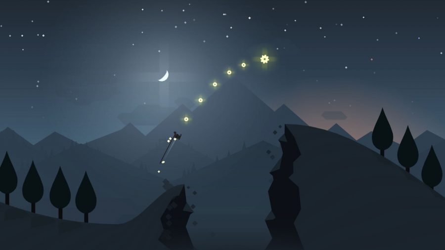 A snowboarder doing a backflip in the moonlight in Alto's Adventure.