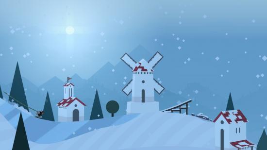 A snowboarder traversing a mountain laden with trees and windmills in Alto's Adventure: The Spirit of the Mountain.