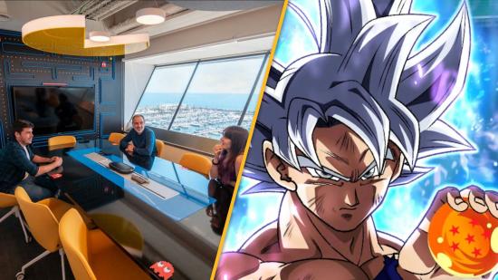 Three people sat at a desk and Goku holding a dragon ball