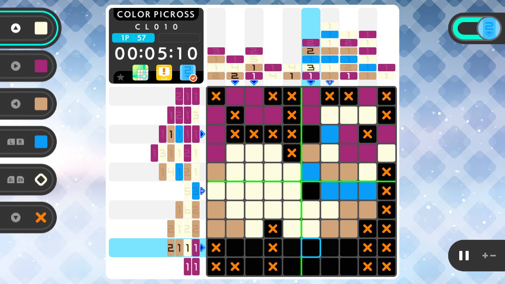 A game of Picross is shown with a large grid and numbers on either side