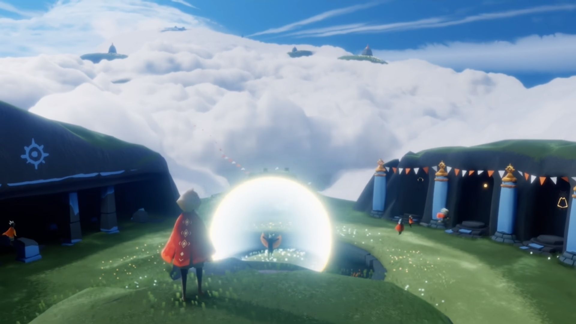 The character from Sky Children of the Light, looking at a large glowing orb, with fluffy clouds in the distance.