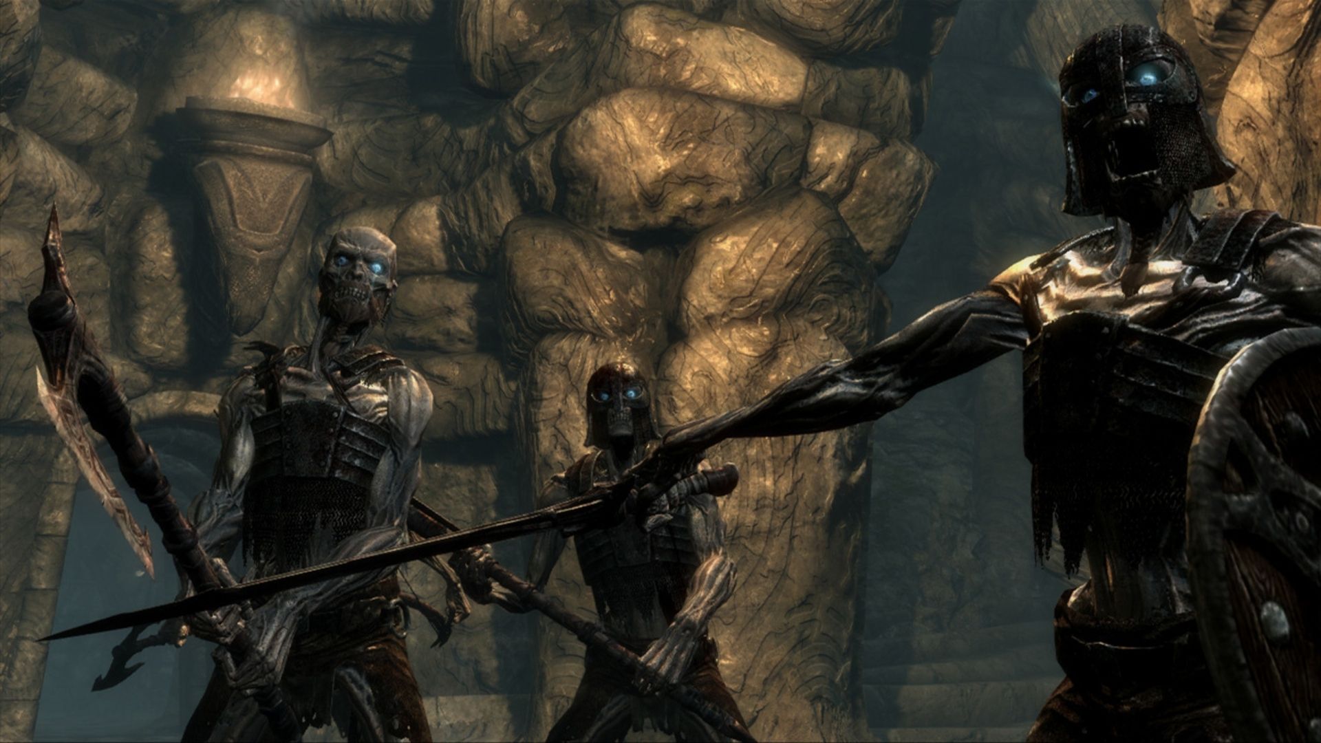 Skeletons adorned in armour and wielding weapons from the game Skyrim.