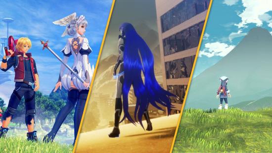 Three screenshots shows RPG protagonists looking over large open areas