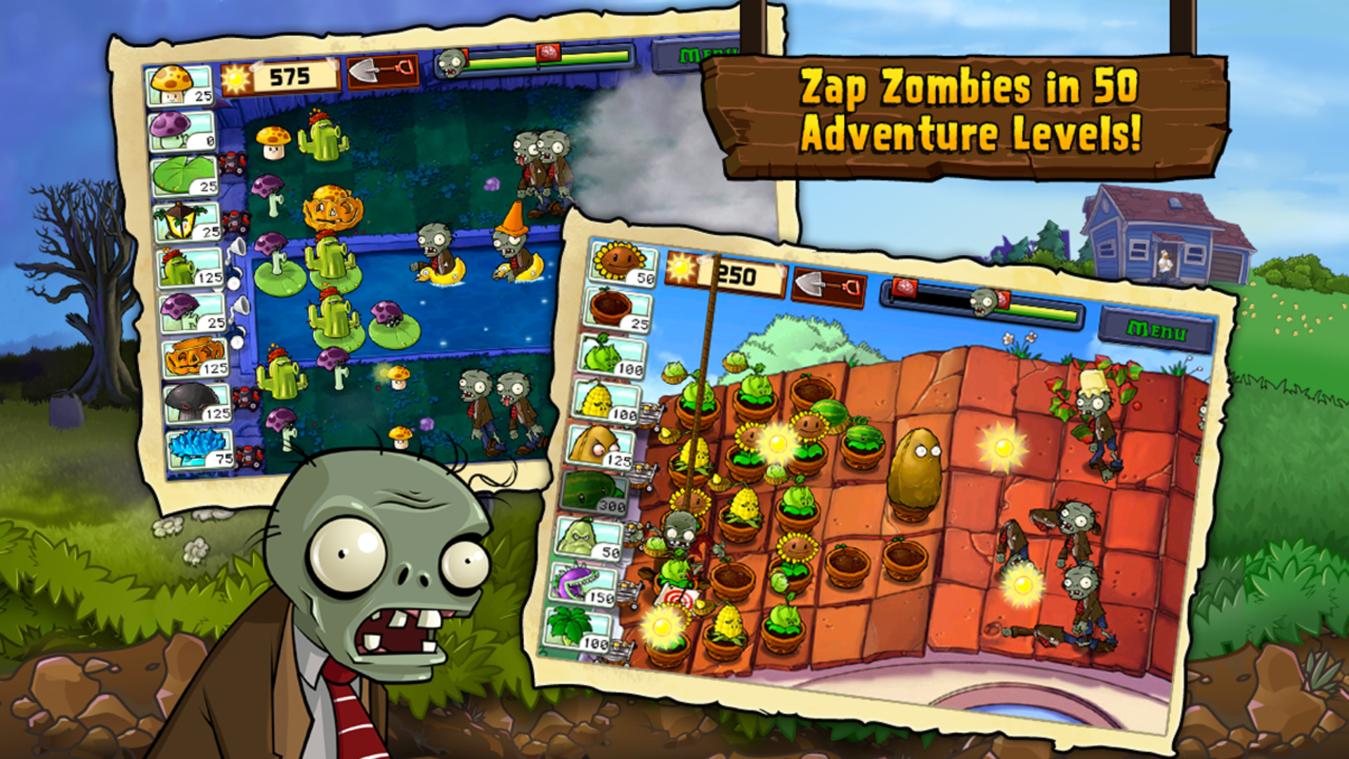 Best zombie games: Plants vs Zombies. Image show a zombie in front of gameplay shots.
