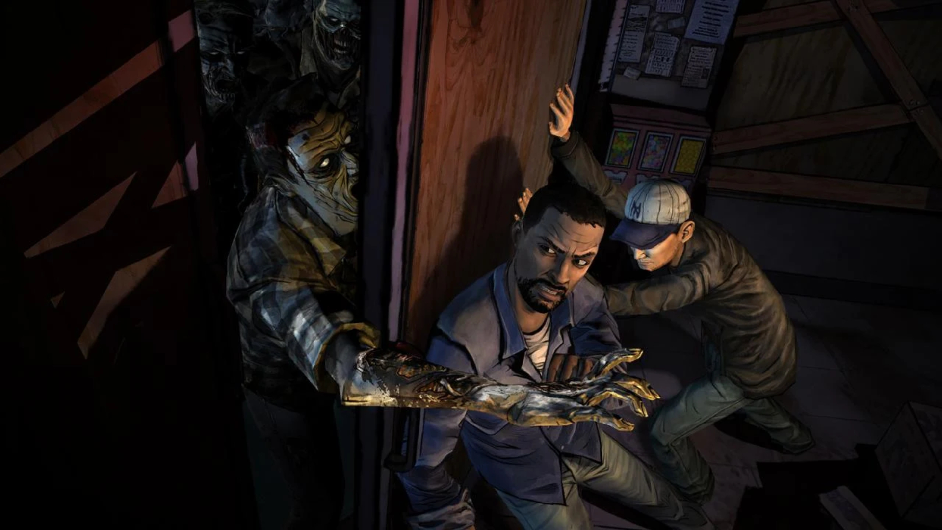 Best zombie games: The Walking Dead. Image shows People trying to shut a door with zombies breaking in.