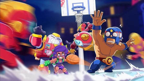 Multiple Brawl Stars characters playing basketball.