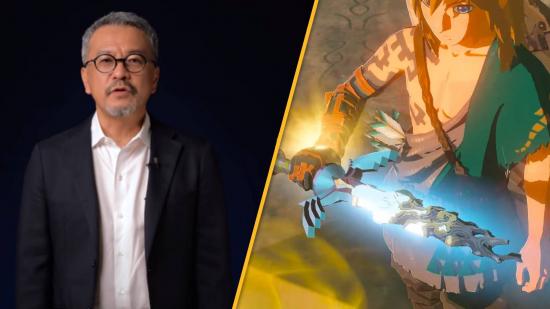 Producer Eiji Aonuma is shown next to an image of Link holding a corrupted Master Sword