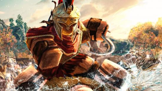 A Roblox dude dressed like a Roman soldier wades through water in art from Combat Warriors, a Roblox game.