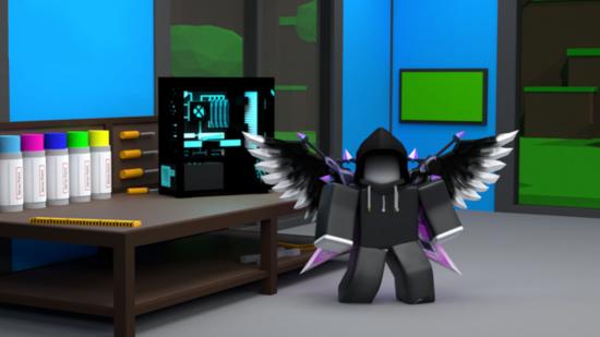 Roblox character stood in front of a custom PC they've built