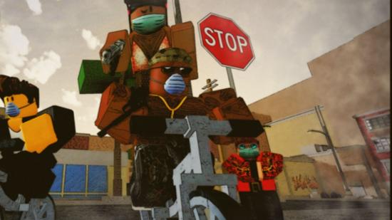Some Roblox characters riding bikes around the streets with a red stop sign in the background in Da Hood.