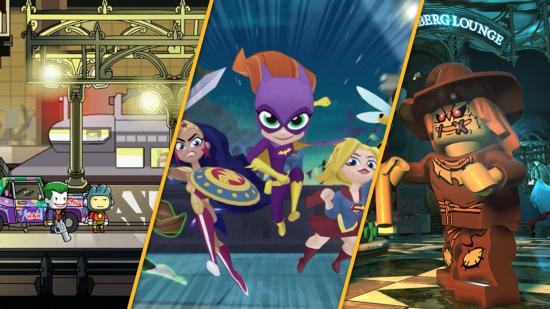 Three pictures of DC games available on Switch. On the left, the main character and the Joker in Scribblenauts. On the right, the scarecrow in Lego DC. And in the middle Batgirl from DC Superheros.