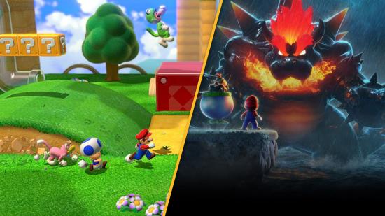Mario running in grass and bowser being angry