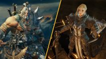 Two characters from Diablo Immortal, pre-registration now open. One is a big dude, very muscular, with spiky armour and long grey hair. The other is an elegant blonde woman, with medieval garb and a sword.