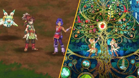 On the left, three characters from Echoes of Mana just hanging out. On the right, some art showing characters kneeling before a great, decadent tree.