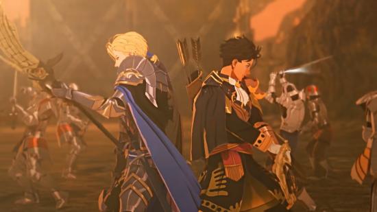 Fire Emblem Warriors: Three Hopes pre-order screenshot showing two anime style characters surrounded by soldiers in the midst of battle.