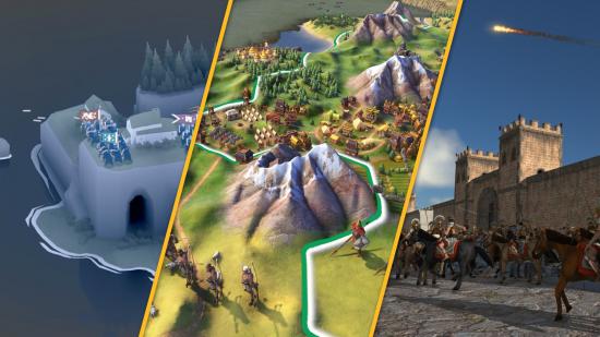 Three games like Age of Empires: Bad North, Civilization VI, and Rome: Total War.