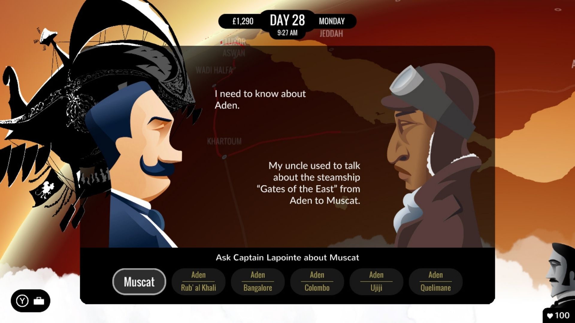 Una captura de pantalla de 80 días, que muestra a dos personajes teniendo una conversación