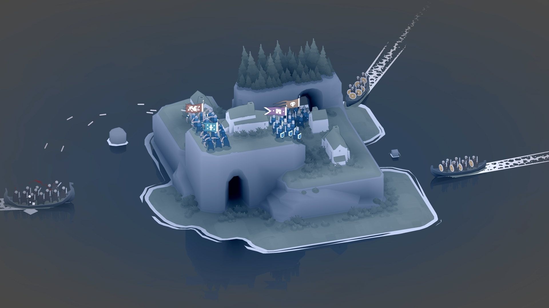 A screenshot from Bad North, showing an island being invaded by vikings.