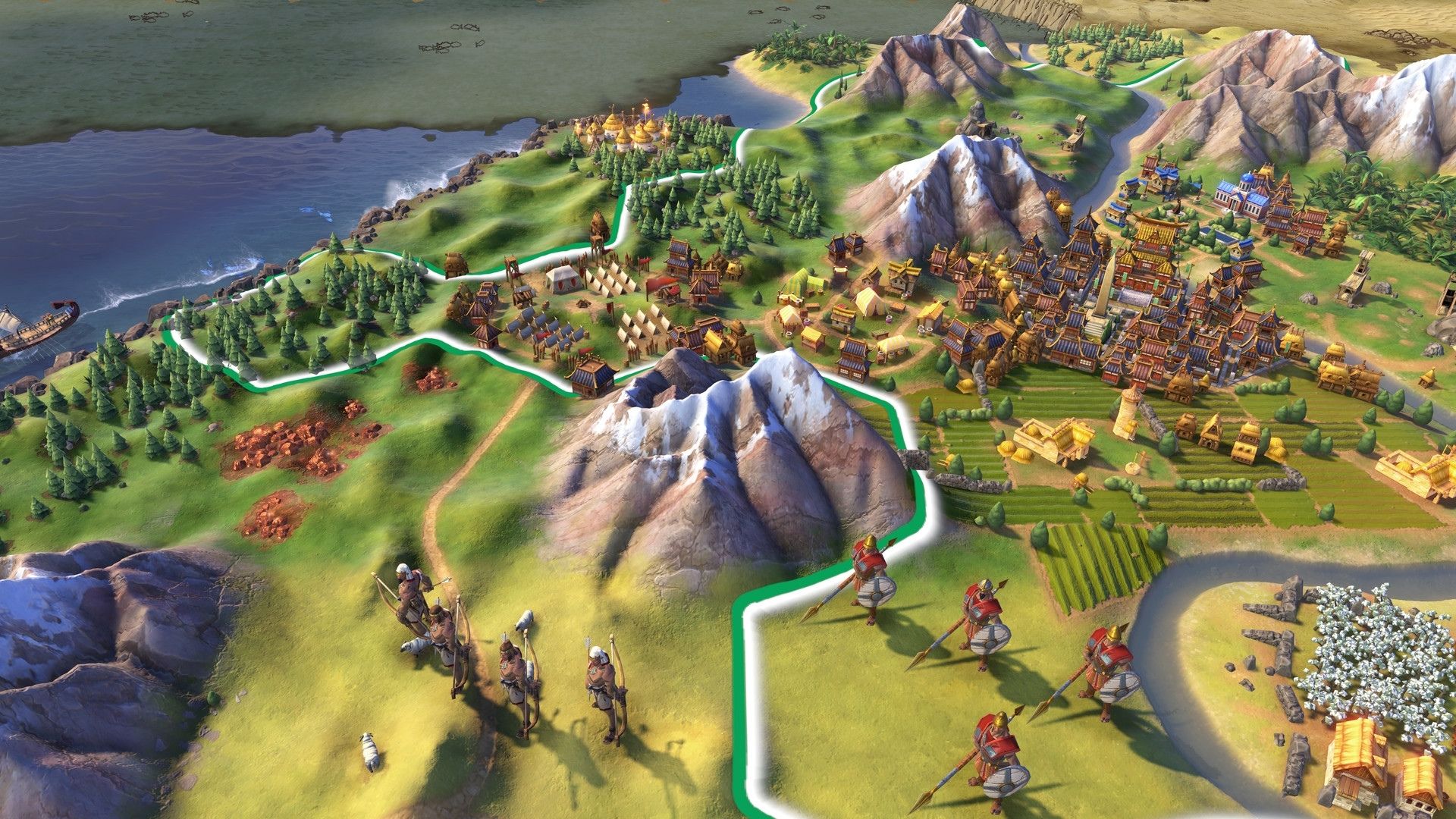 A screenshot from Civilization VI, showing giant soldiers on a zoomed out overworked map.