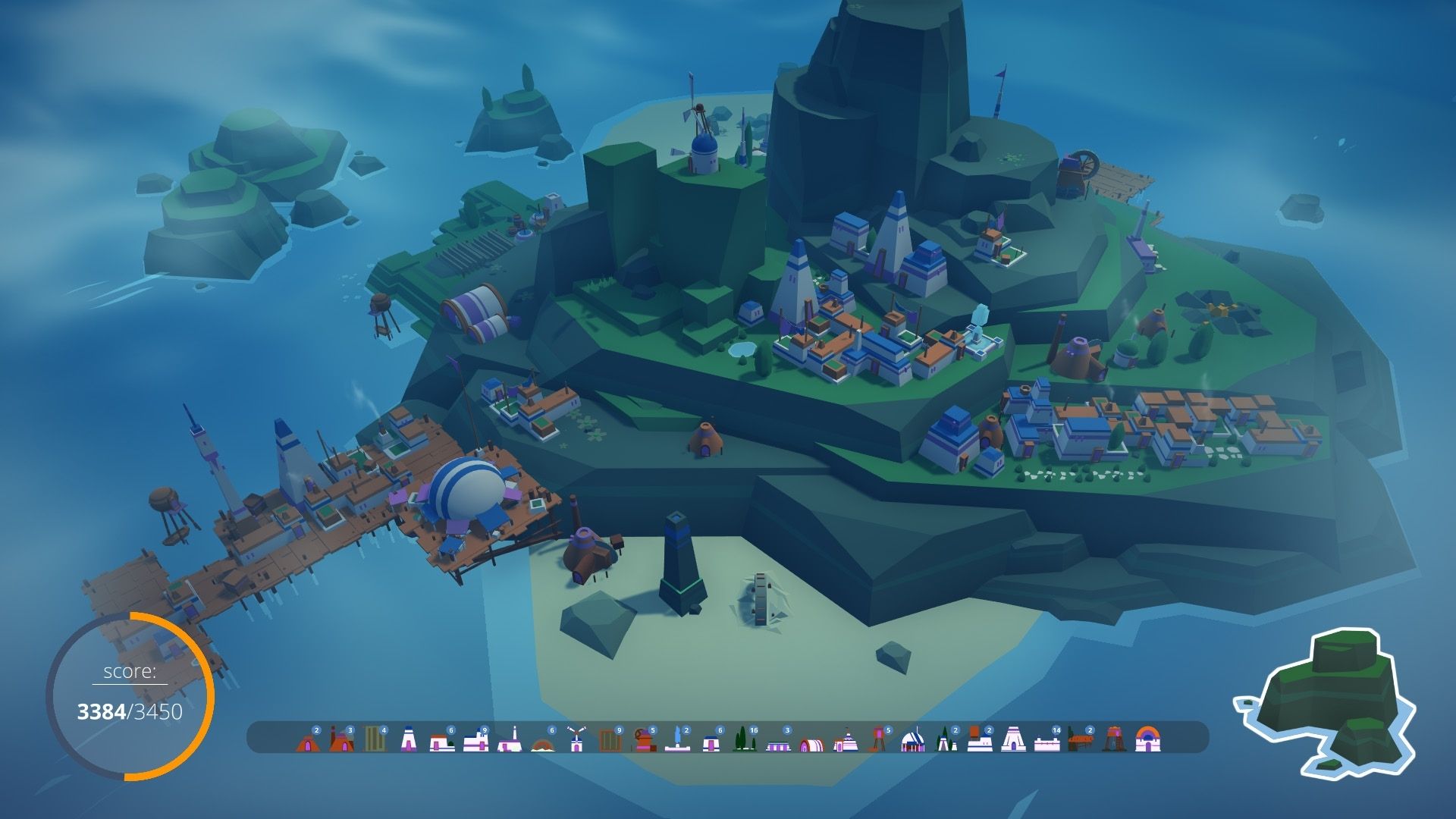 Скриншот от островитян, показывающий большой остров с некоторыми домами и портом