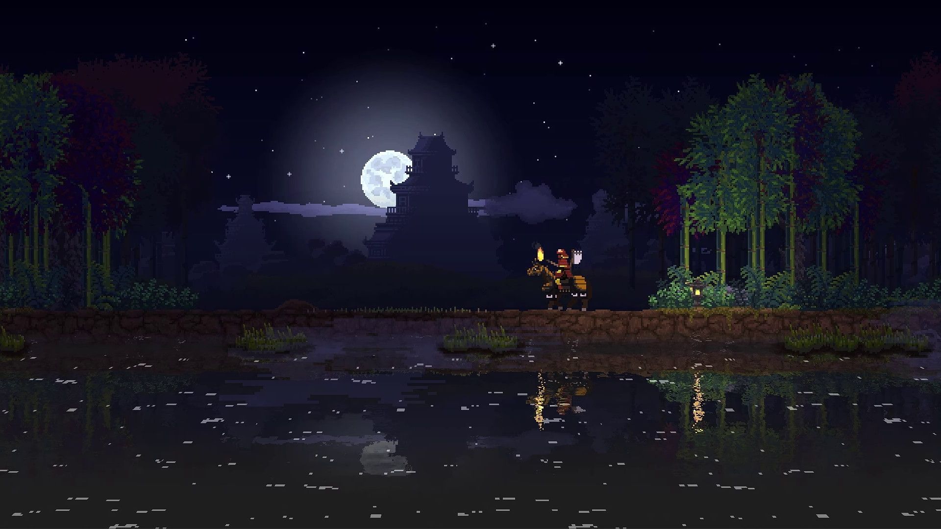 A screenshot from Kingdom Two Crowns, showing a person on a horse, a lake, and the moon.