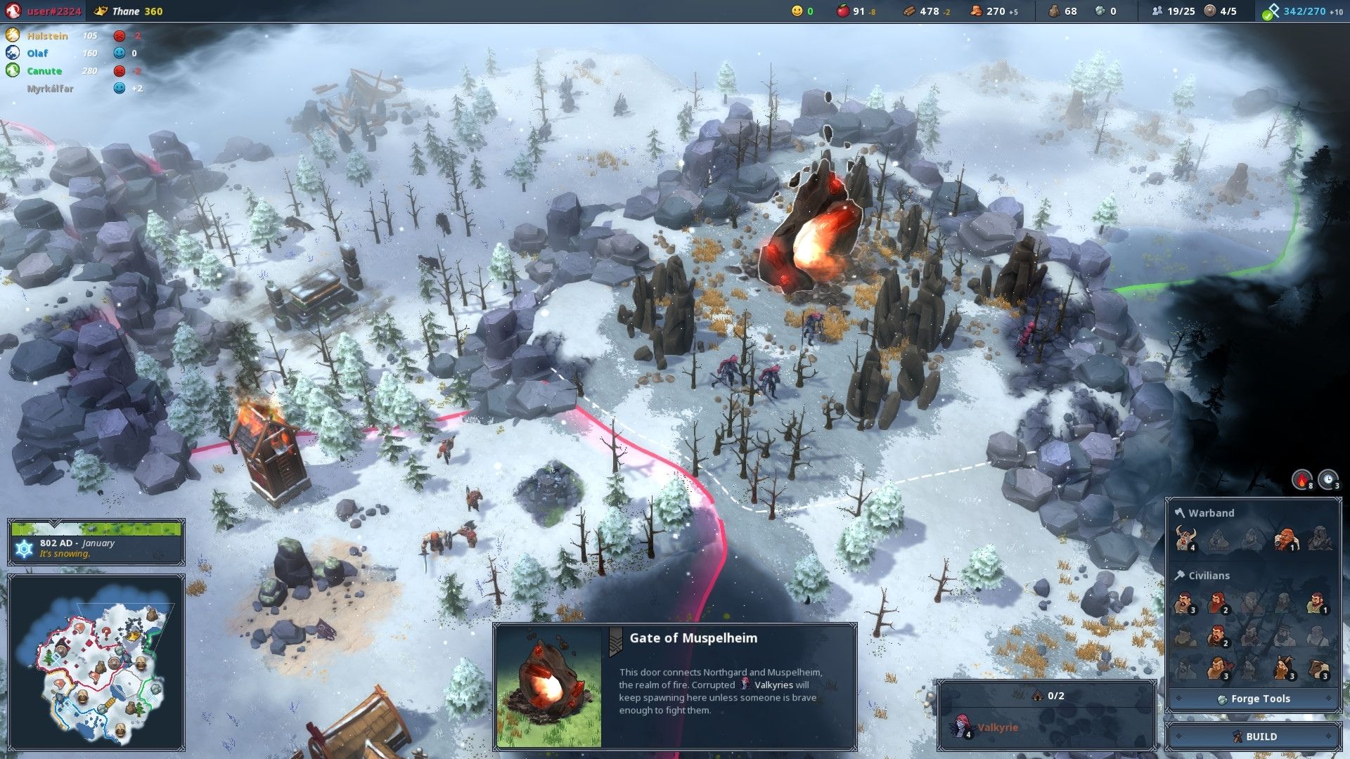 Uma captura de tela do norte, mostrando uma tundra nevada com árvores e um fogo à distância