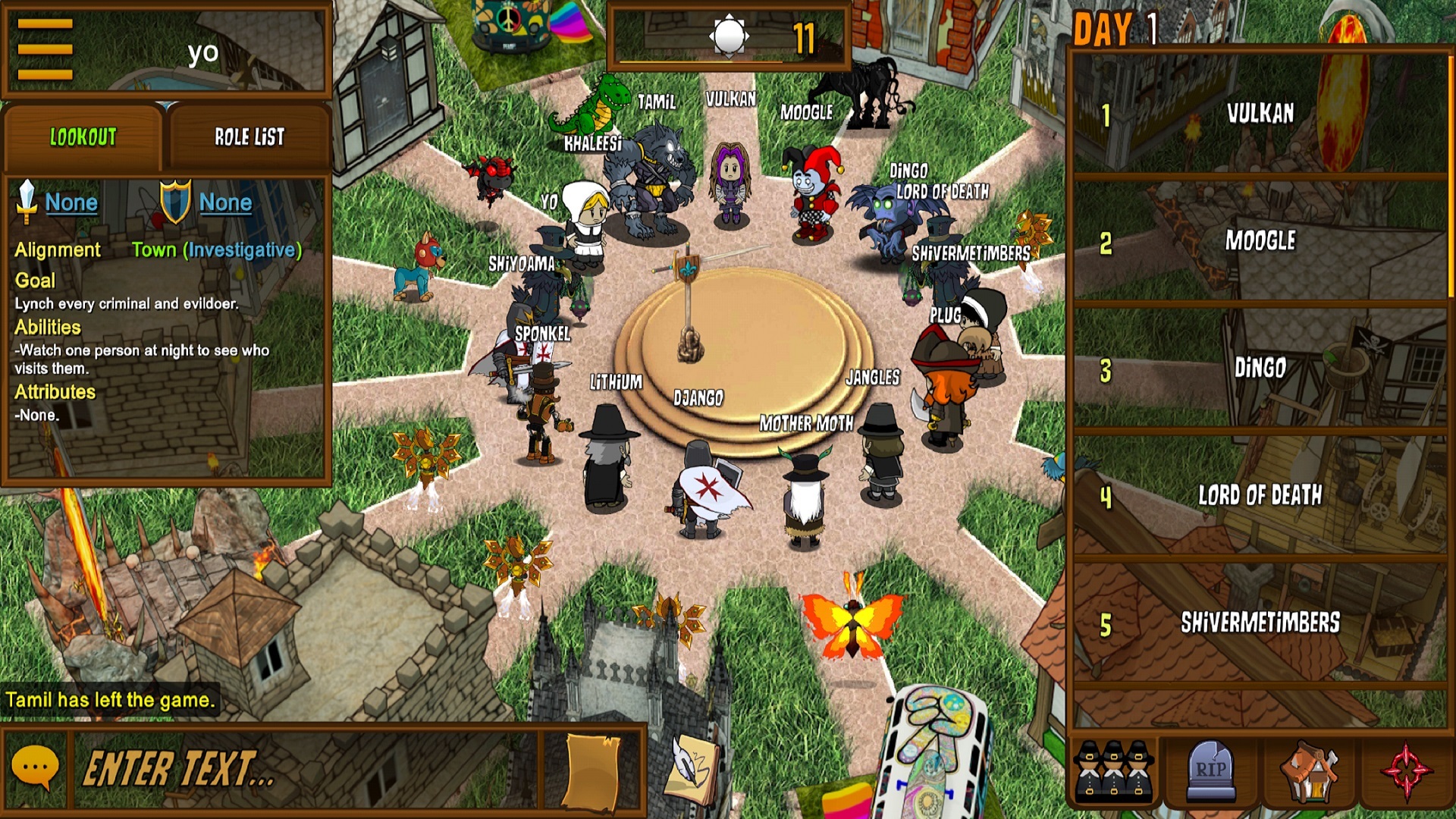 A screenshot from Town of Salem, showing multiple characters in a circle in the centre of a village.