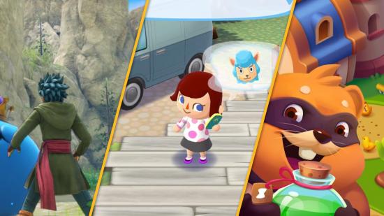In the middle, an Animal Crossing character on the phone to a llama. On the left, a character from Dragon Quest XI with their back to us. On the right, a bear from Island King.