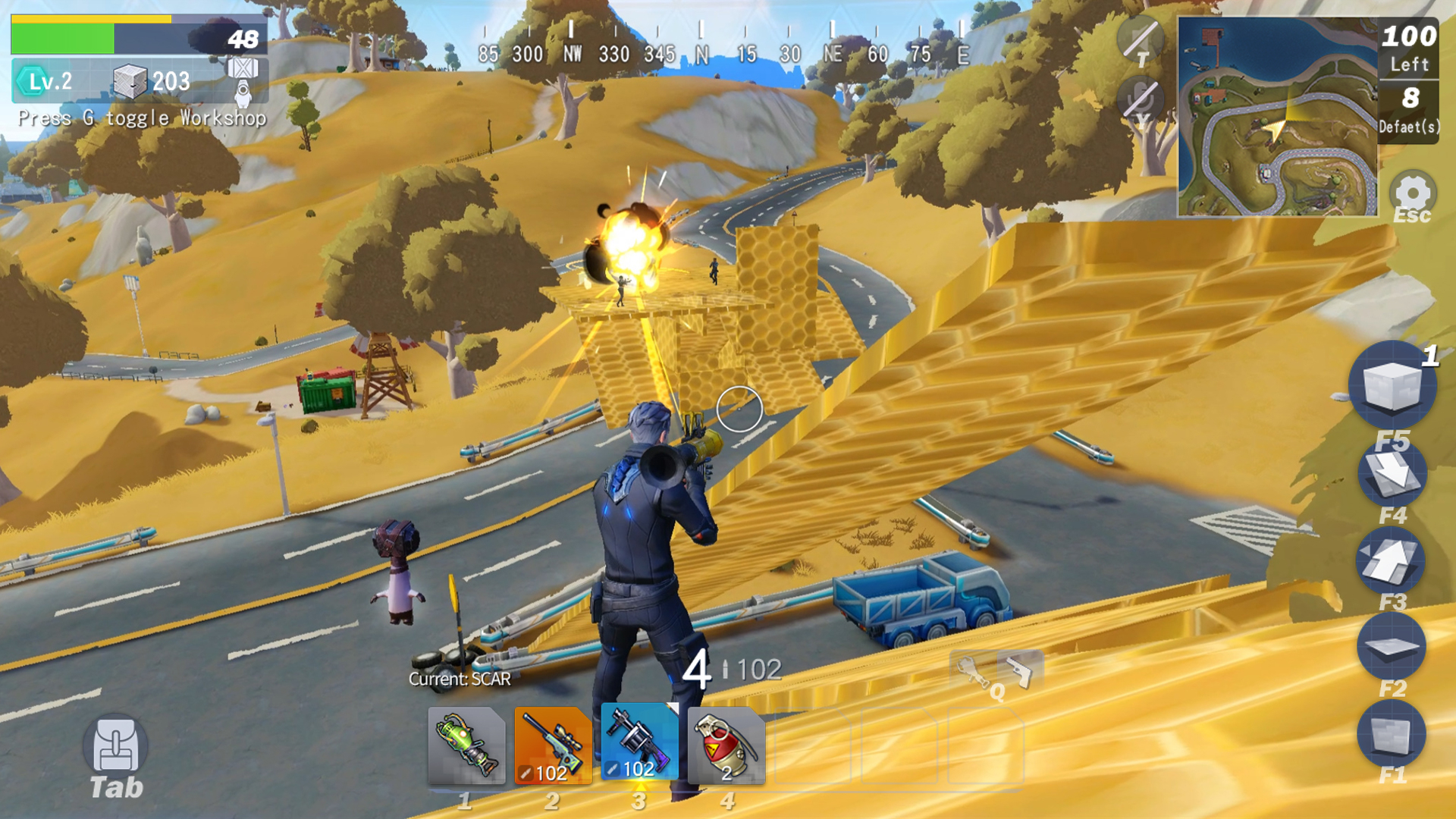 A Creative Destruction character shooting at some across the road