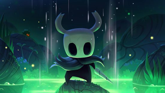 Games like Hollow Knight - Hollow Knight holding a sword as they stand on a rock surrounded by green liquid