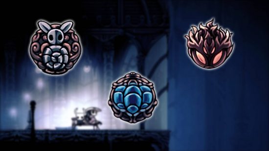 Hollow Knight charms: a screenshot of Hollow Knight is blurred, with images of several Hollow Knight charms placed over it