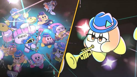 Key art shows a selection of Kirby characters playing instruments