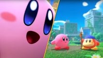 A close up of Kirby, and Kirby and Waddle Dee in a field