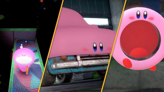 On the left, Kirby in lightbulb mouth mode. On the right, Kirby in ring mouth mode. In the middle, Kirby in car mouth mode.