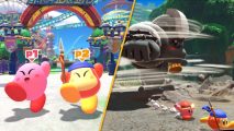 Kirby and Bandana Waddle Dee celebrate a victory with a gleeful pose, next to an image of them being attacked by a giant gorilla