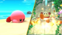 On the left, a sleepy Kirby lying in the sand on a beach. On the right, three Waddle Dees jumping in the air.