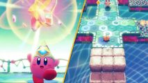 Kirby jumping under a star and a treasure road course