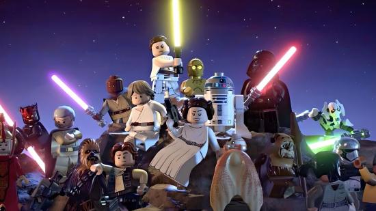 Various Lego Star Wars: The Skywalker Saga characters, posing, some with lightsabers, others with blasters.