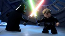 Vader and Luke crossing lightsabers in Lego Star Wars: The Skywalker Saga