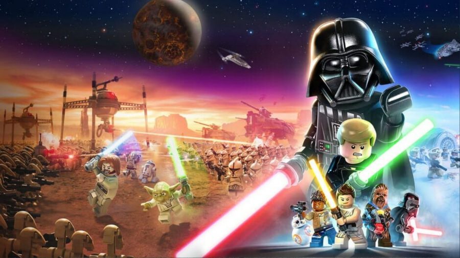 Art from Lego Star Wars: The Skywalker Saga, showing numerous characters, like Darth Vader and Luke Skywalker, except they're made out of Lego, of course.